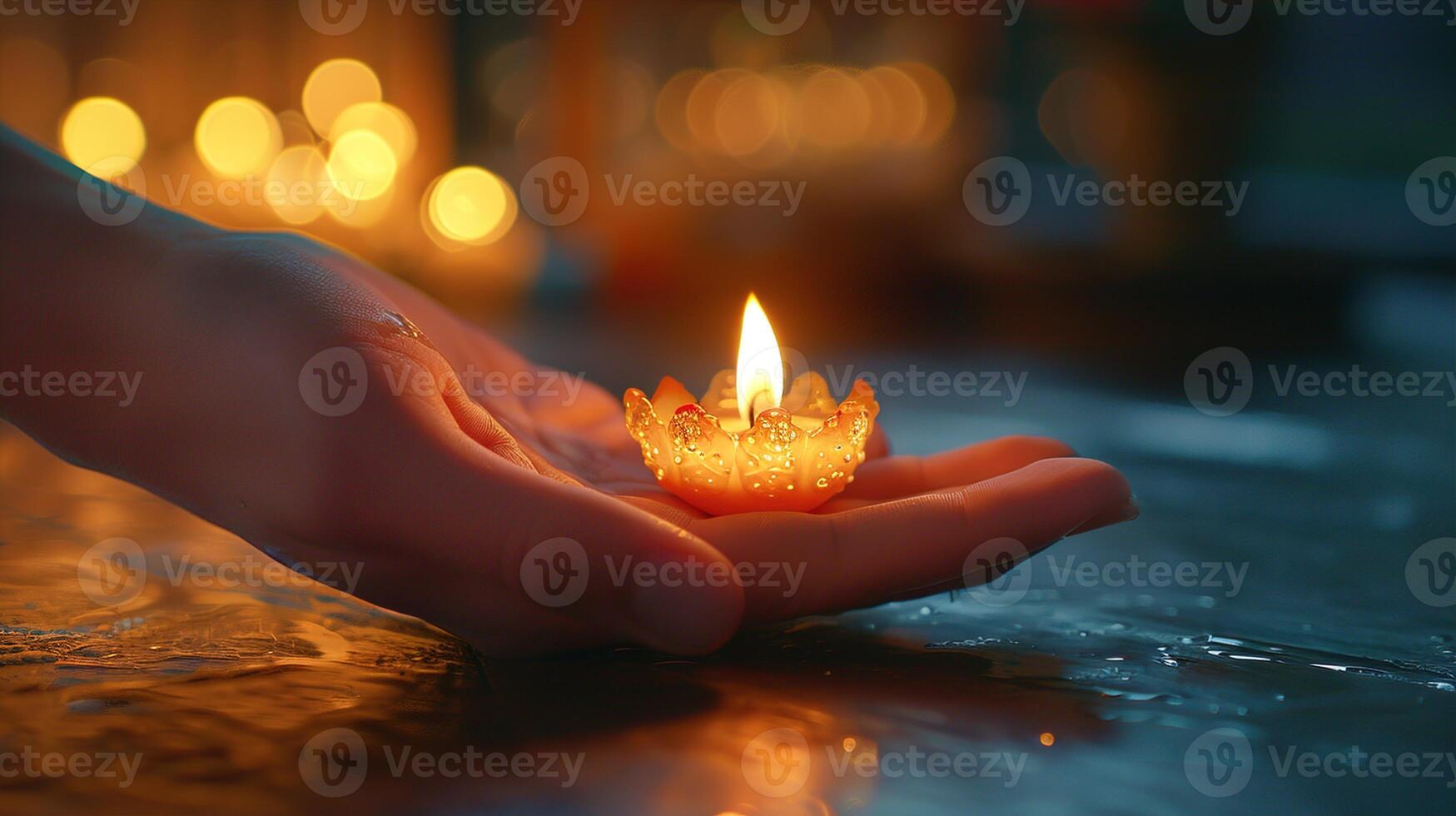 AI generated Hand gesturing towards a tiny decorative candle, flame icon glowing at the point of contact, space reserved for advertising copy. ,Smart Home Concept photo