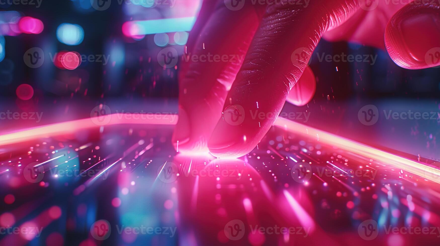 AI generated Neon-lit fingertip confirming a payment transaction on a smartphone, with the neon light creating a sense of immediacy and modernity in digital payments. ,Banking Technology photo