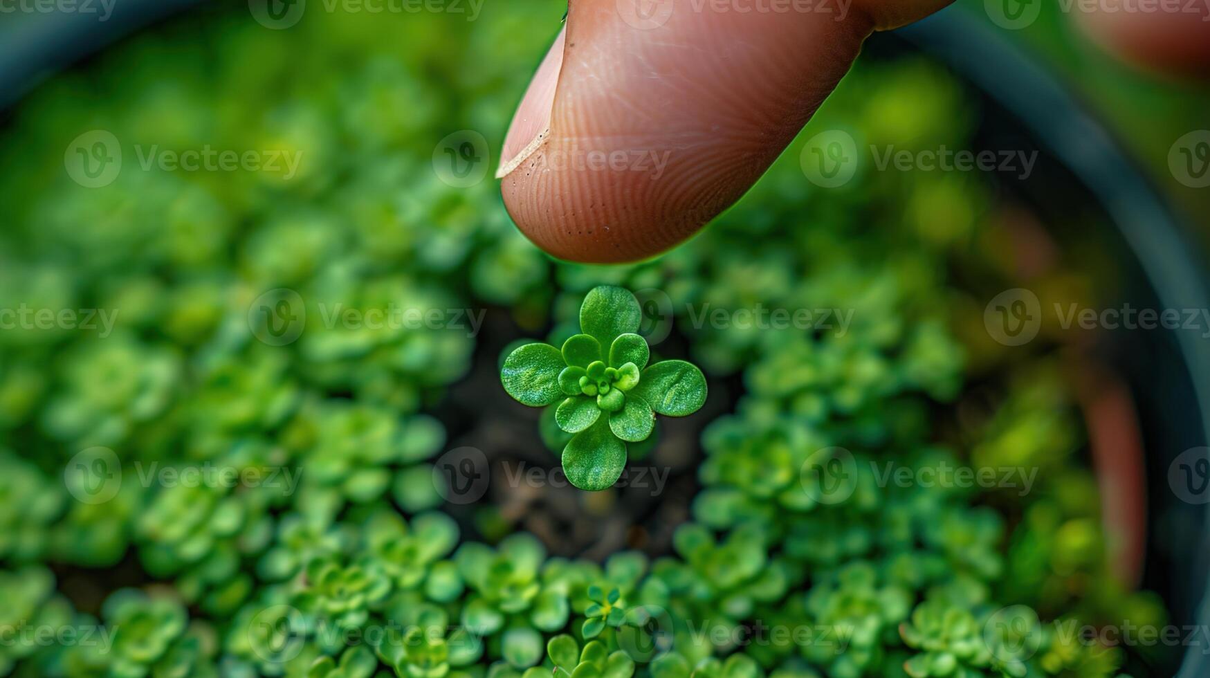 AI generated Finger directing towards a miniature indoor plant in a pot, icon of a leaf or plant above, with blank space for text or promotional content. ,Smart Home Concept photo