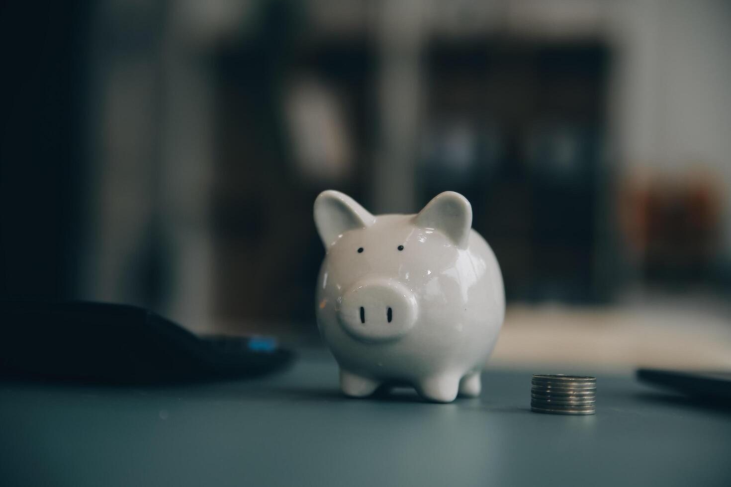 Young Asian woman saving for retirement Saving money through a piggy bank and taking notes on notebook, savings concept. photo