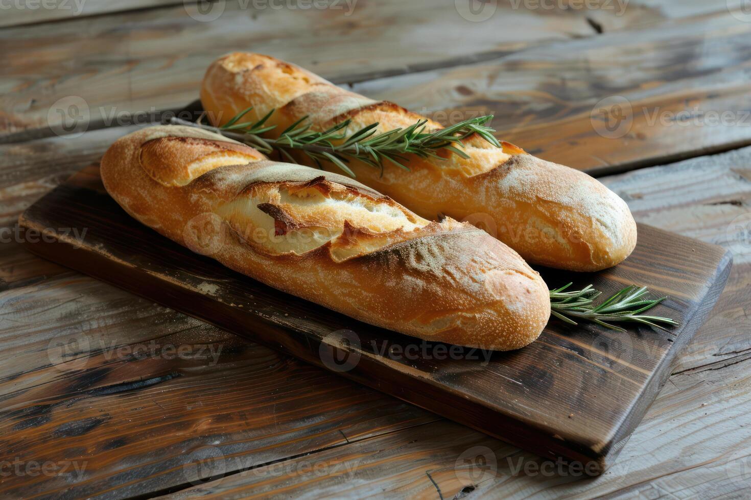 AI generated Artisan sourdough bread loaves, freshly baked with a golden crust, rest on a rustic wooden board, garnished with fragrant rosemary. photo