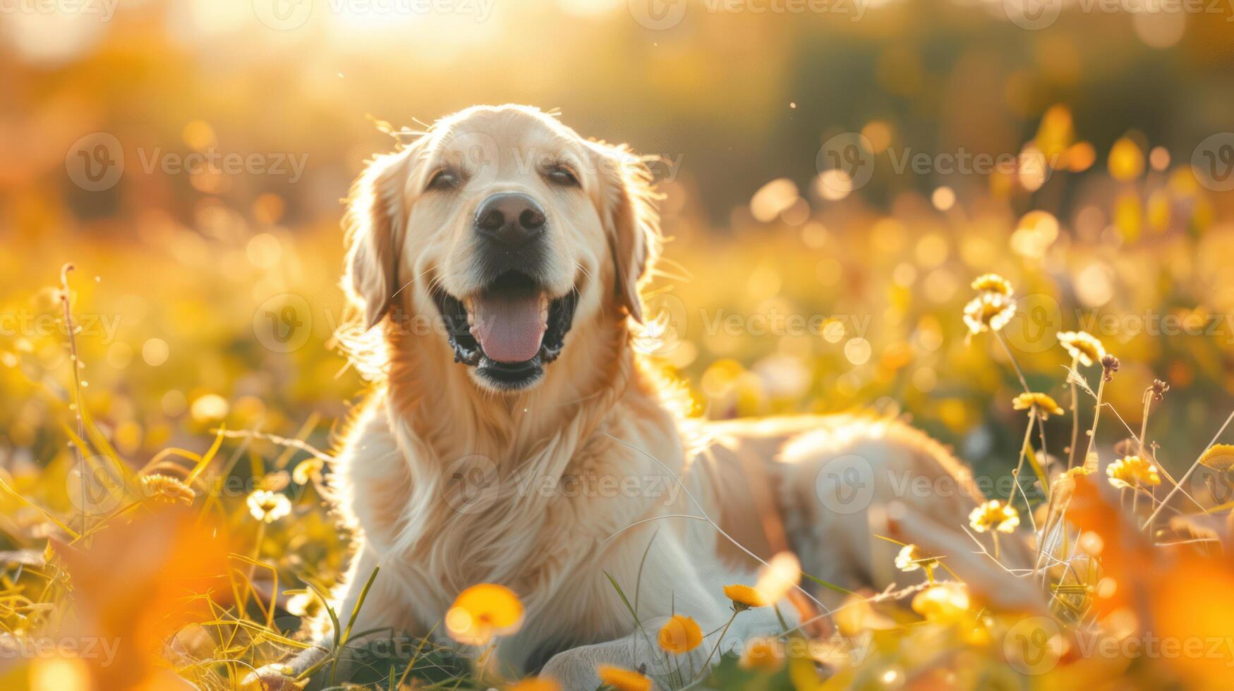 AI generated Joyful golden retriever canine against a backdrop of spring scenery, in a wide web banner format. photo