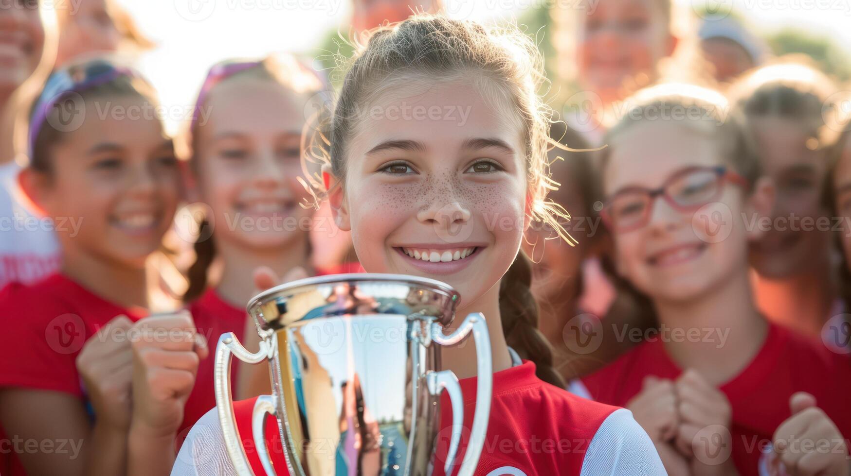 AI generated An American middle school girl athlete celebrating with her teammates as she kisses a trophy after a successful sports competition. photo