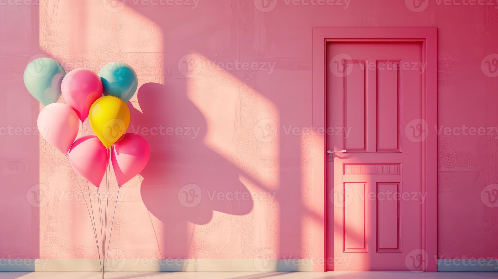 ai generado el del sol rayos iluminar un rosado muro, acentuado por un formación de animado globos y un puerta, ofrecimiento un creativo y vistoso concepto. foto