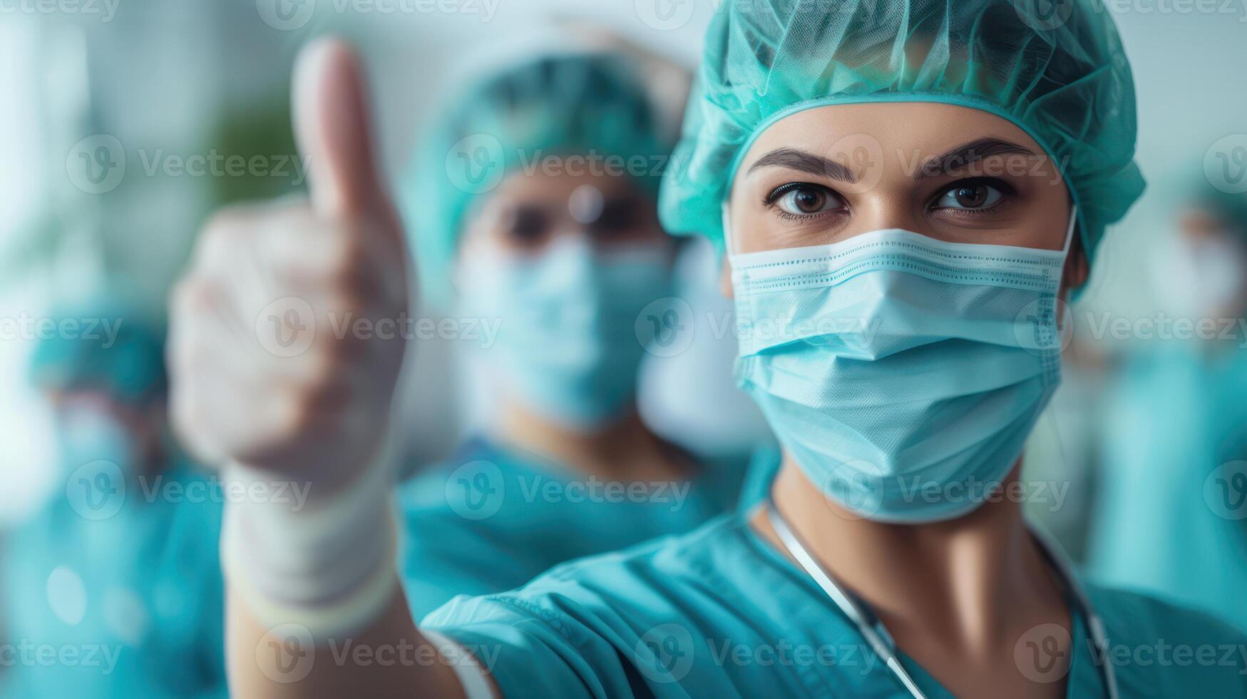 AI generated In a healthcare environment, one individual wearing a surgical mask gives a positive gesture with a thumbs-up, with a second colleague in the background doing the same. photo