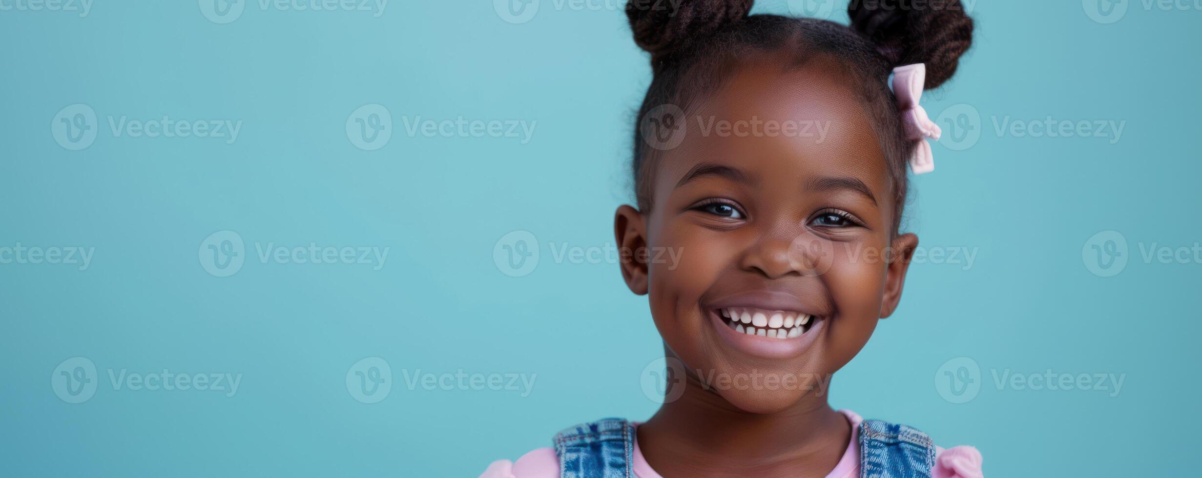 ai generado un joven africano americano chica, radiante con alegría, se pone un rosado camisa y un azul mezclilla saltador en contra un ligero azul fondo foto