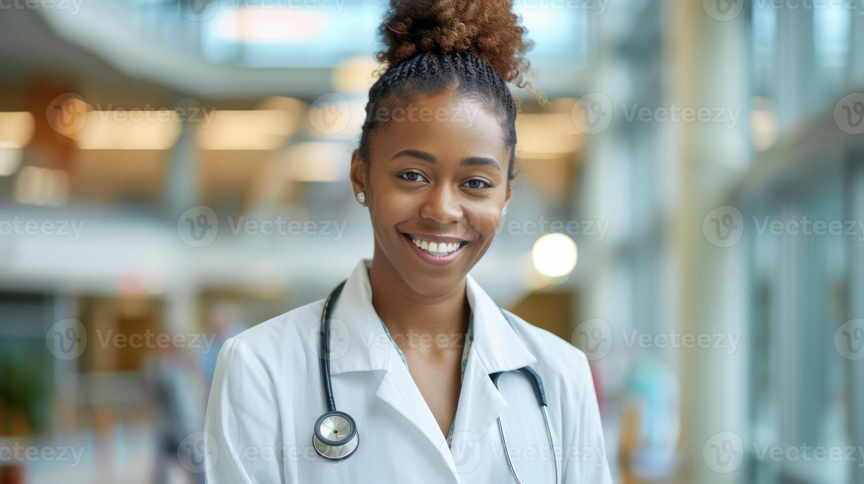 AI generated smiling female figure donning a lab coat typical of medical professionals, exuding warmth and confidence. photo