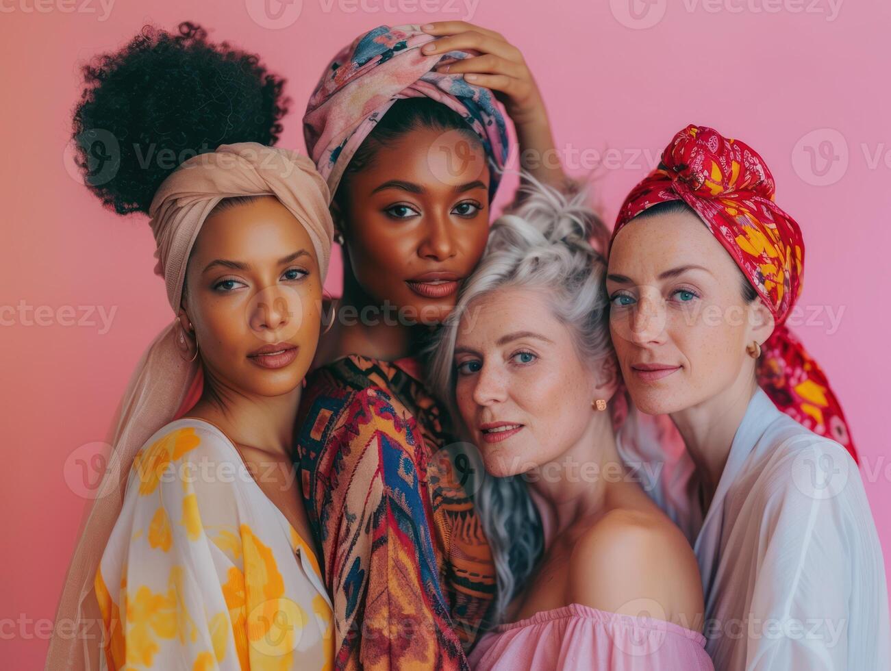 AI generated Women of different ages and ethnicities stand together, conveying unity and the rich diversity of multiple generations against a pink backdrop. photo