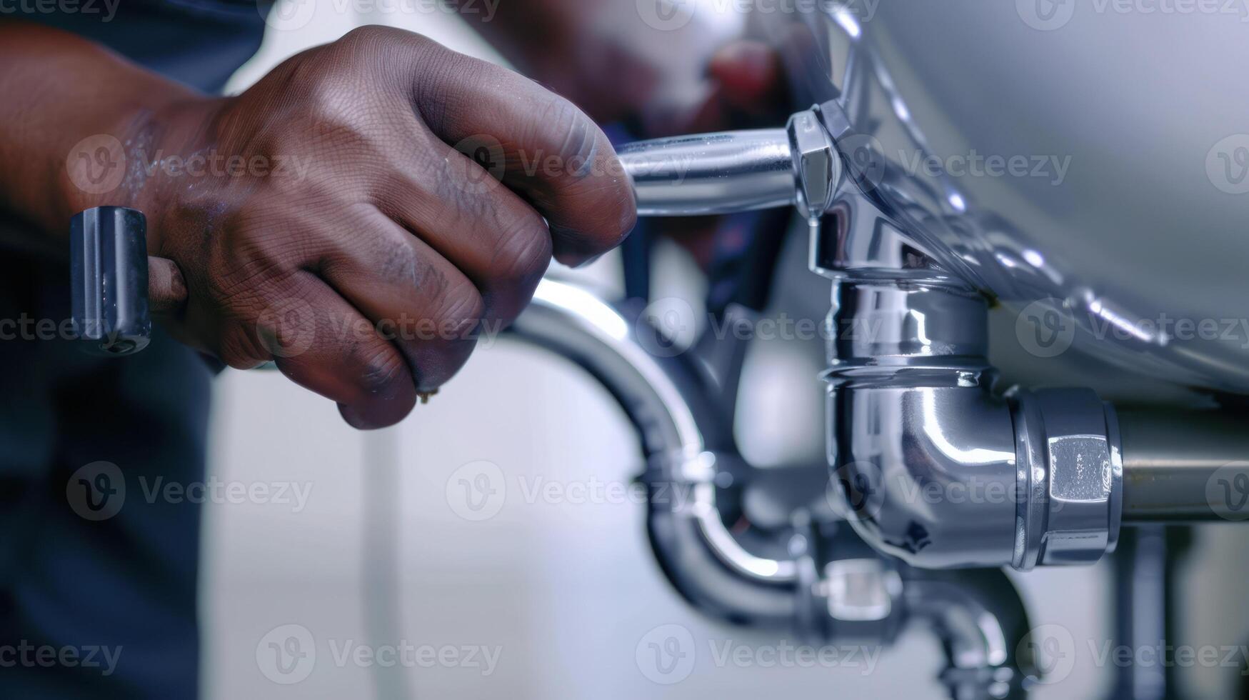 AI generated Hands of a plumber using a pipe wrench to tighten the chrome P-trap located underneath a white sink. photo