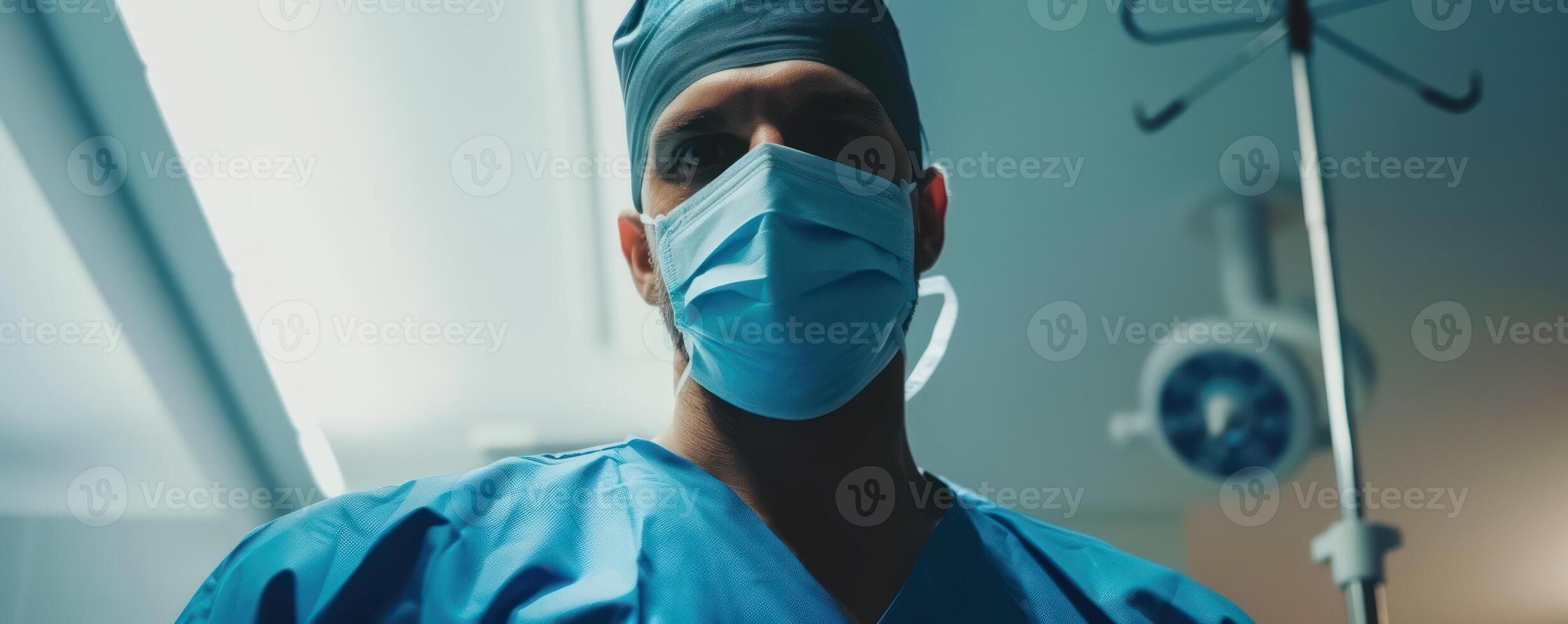 AI generated In the operating room, a focused male surgeon wears blue scrubs and a surgical mask as he performs surgery. photo