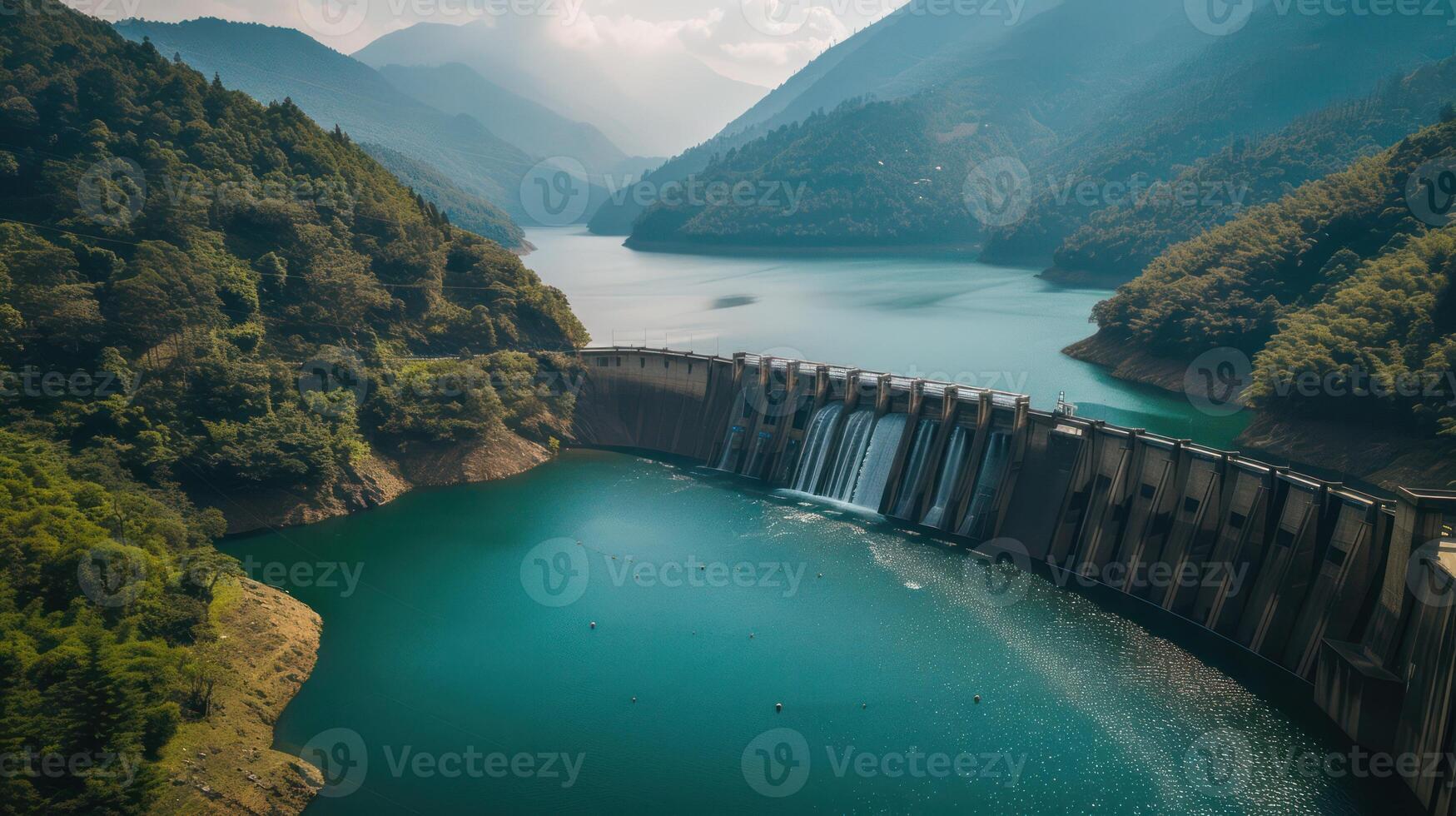 AI generated The continuous stream of water cascading from a hydroelectric dam merges harmoniously with the serene backdrop of forested mountains, photo