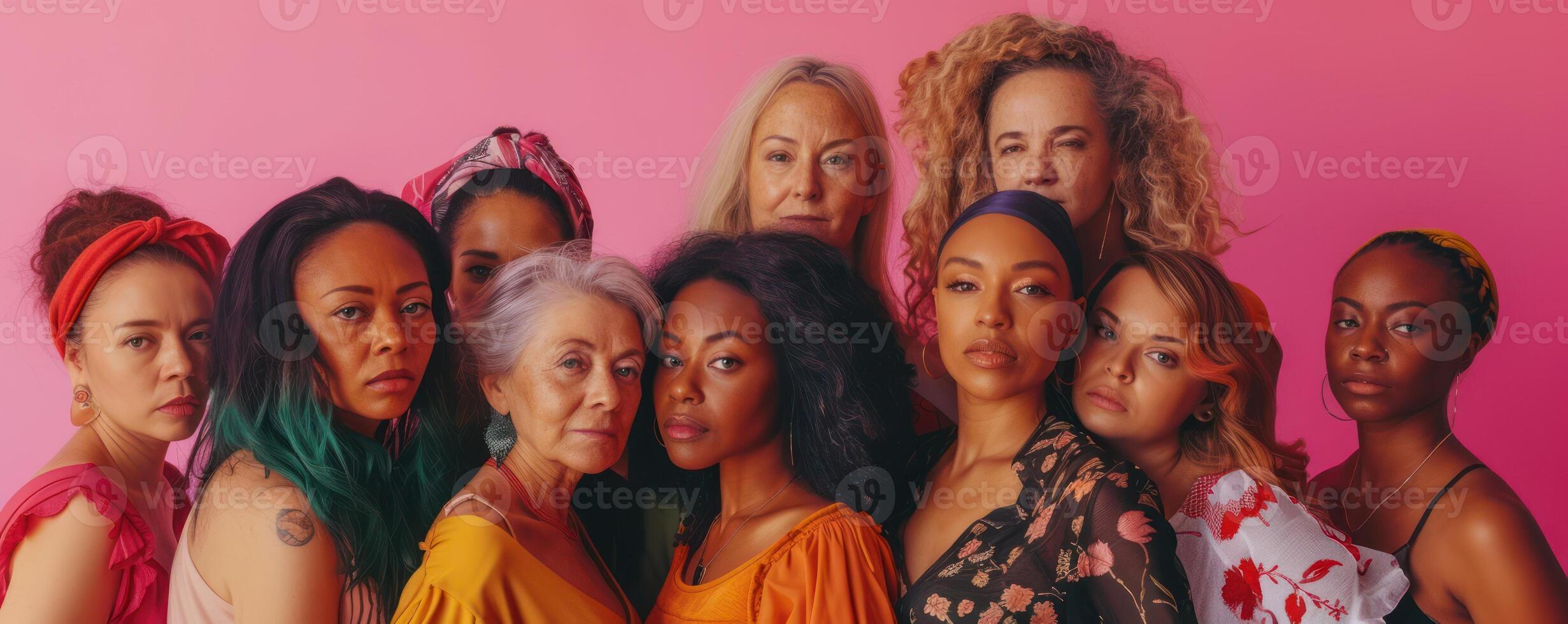 AI generated A collection of women, each distinct in age and ethnicity, come together to symbolize unity and the diverse beauty of multiple generations against a pink background. photo