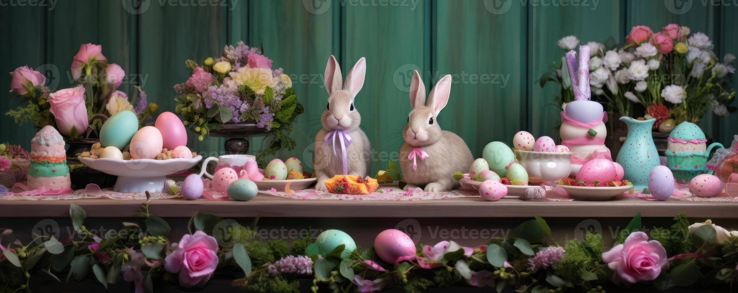 AI generated The kitchen and table are festively decorated for Easter celebrations. photo