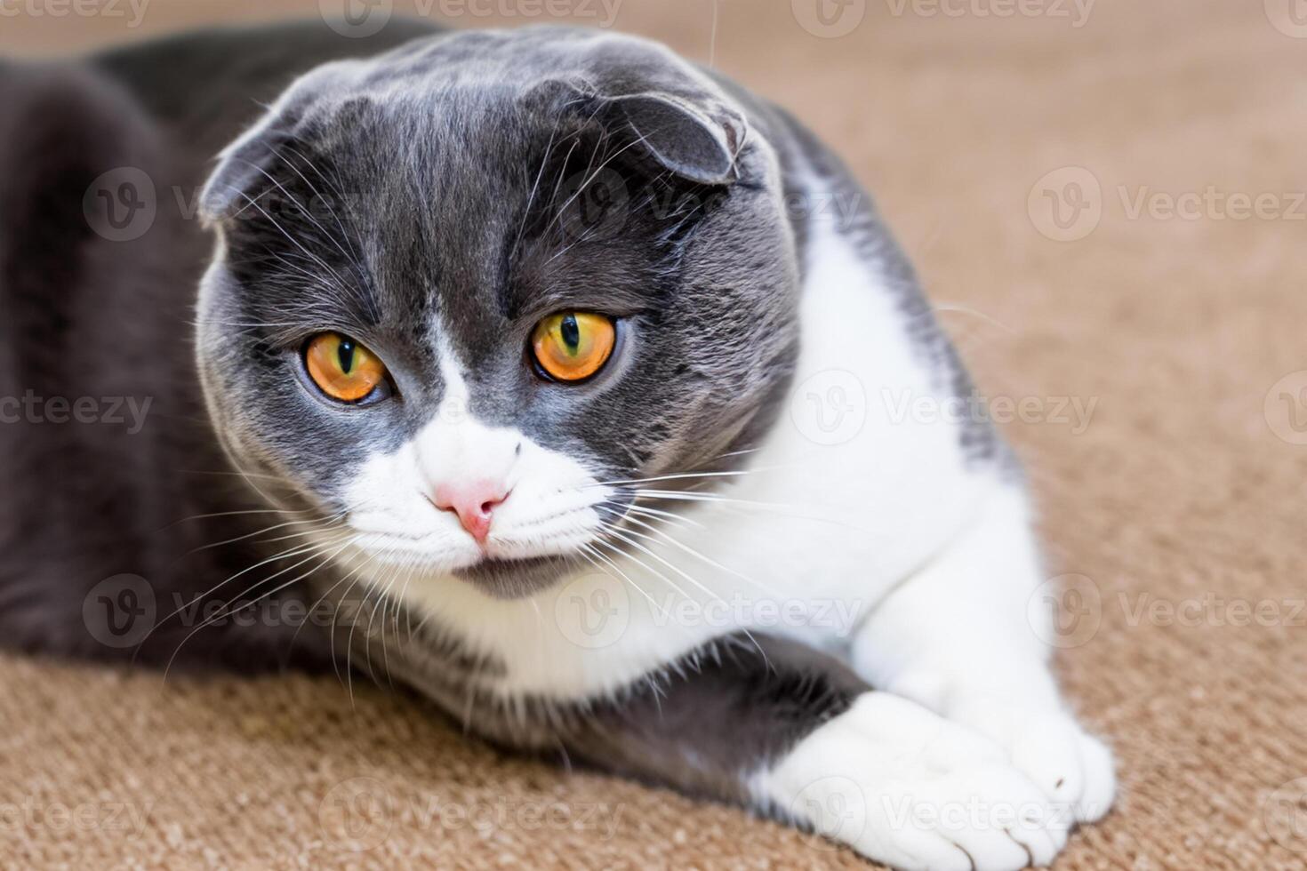 Exploring the Allure of a Beautiful Scottish Fold Cat, where Whiskered Elegance and Playful Charm Unite in a Mesmerizing Portrait of Cuddly Delight photo