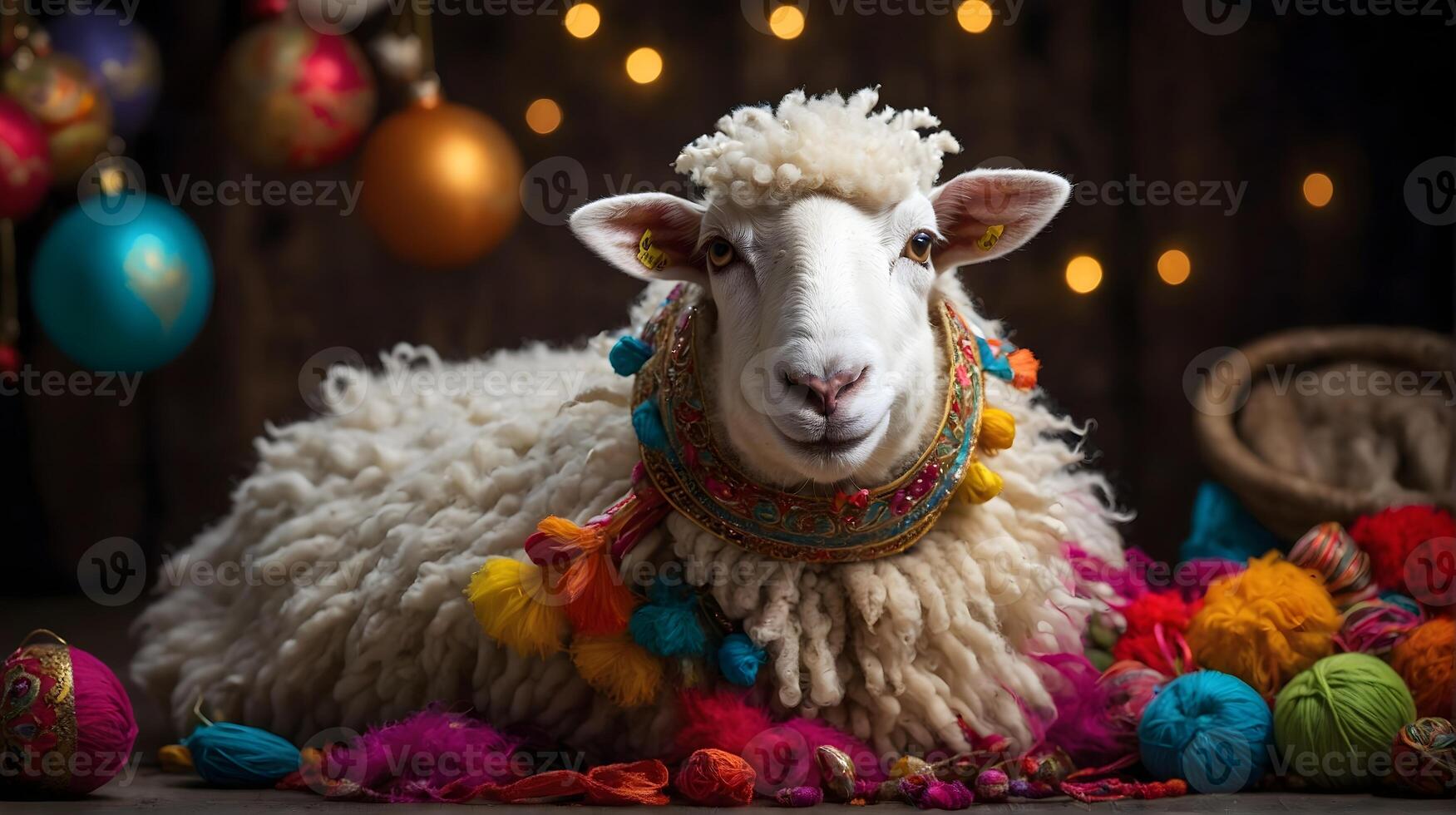 AI generated Funny Ramadan sheep portrait, animals background, wallpaper photo