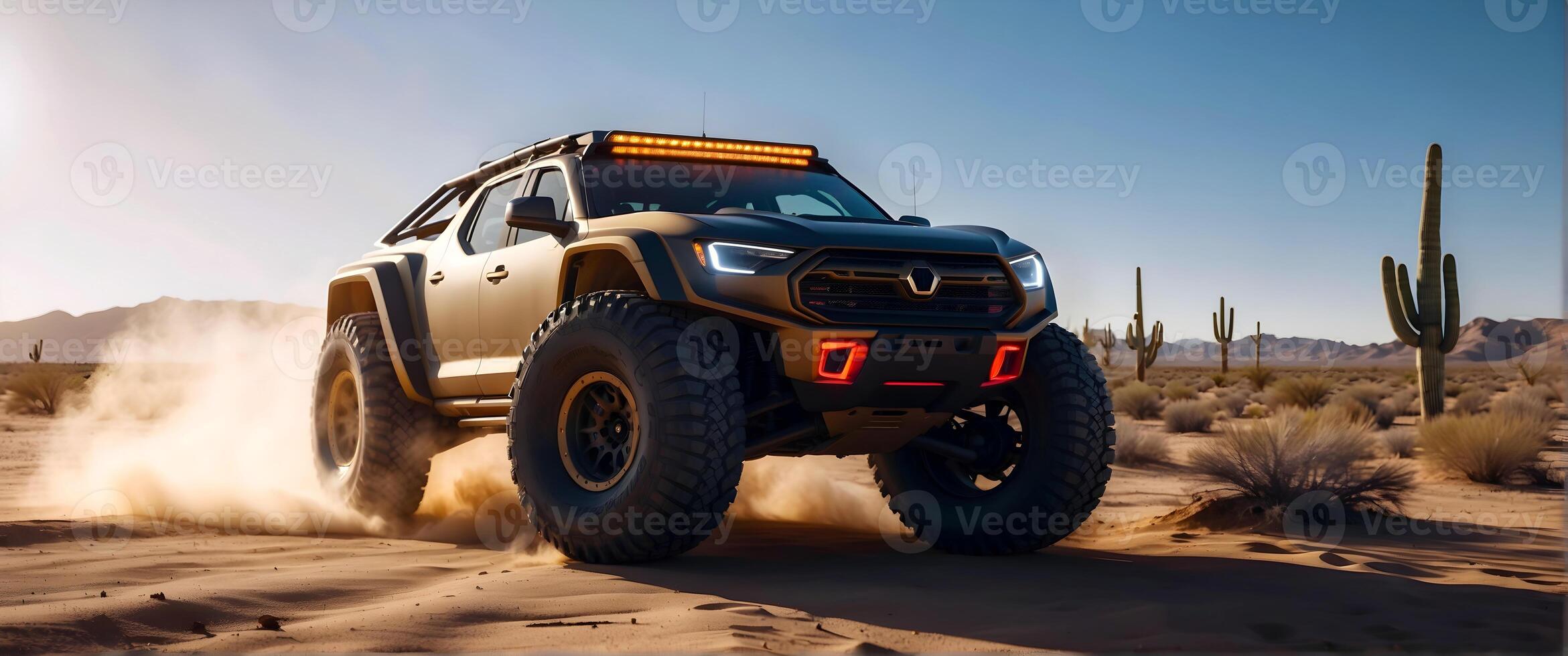 AI generated Modern off road vehicle driving trough desert and sand dunes, auto adventure concept, automotive background, action wallpaper photo