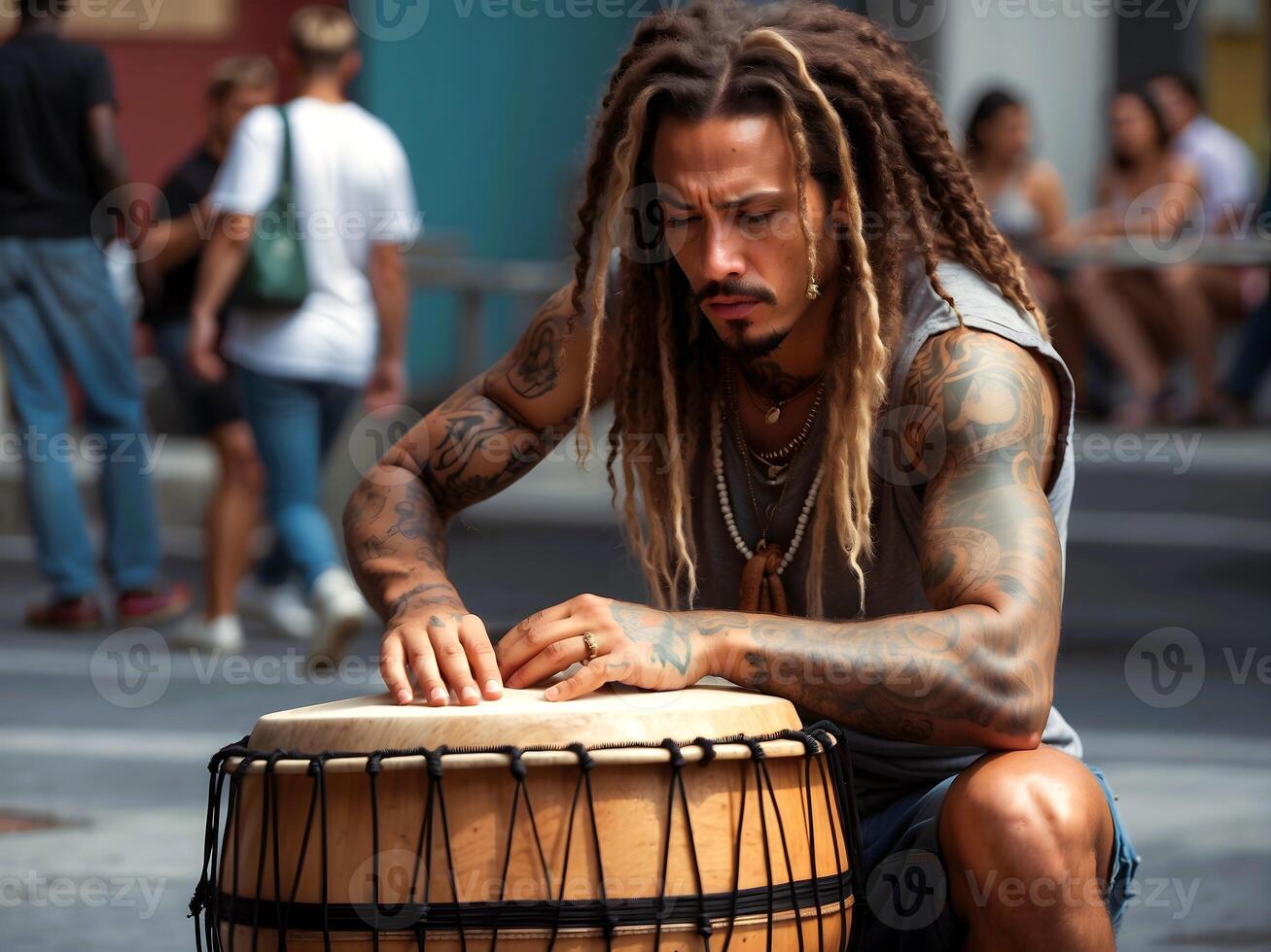 AI generated African American Street musician drummer with dreadlocks performing on bongo drum in city streets, lifestyle concept, busker background photo