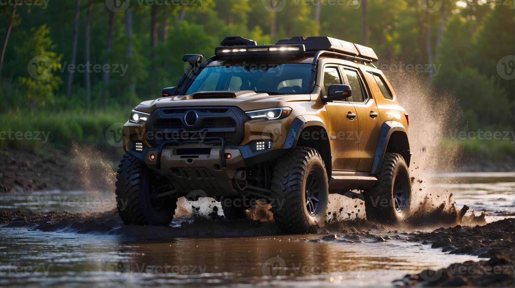 AI generated Modern off road vehicle driving trough river in the forest, auto adventure concept, automotive background, action wallpaper photo