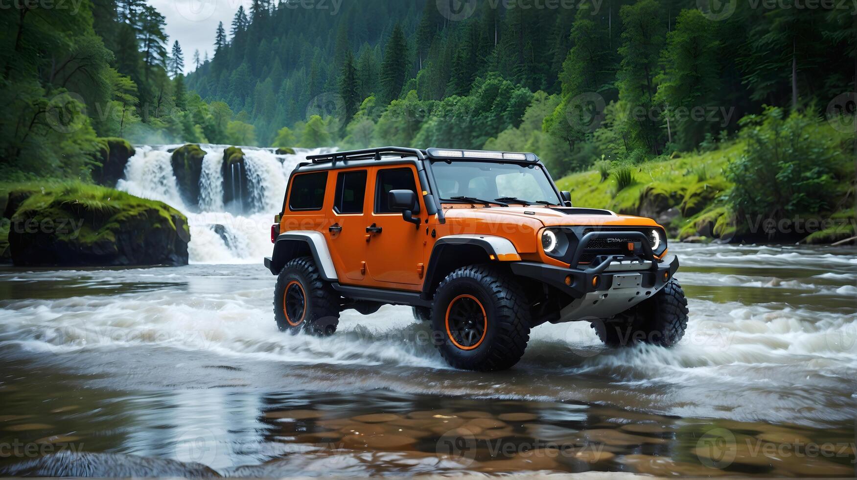 AI generated Modern off road vehicle driving trough river in the forest, auto adventure concept, automotive background, action wallpaper photo