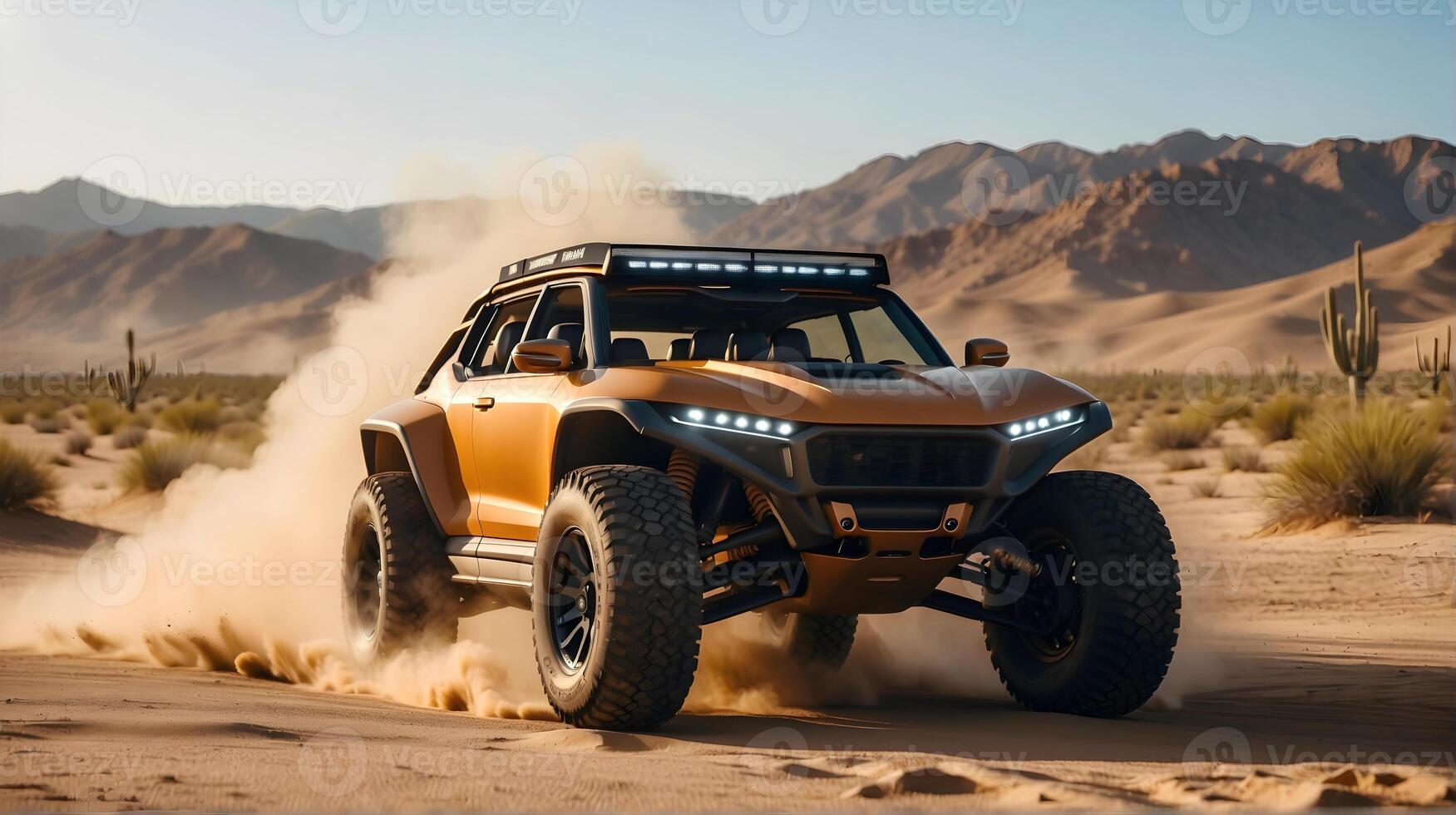 AI generated Modern off road vehicle driving trough desert and sand dunes, auto adventure concept, automotive background, action wallpaper photo