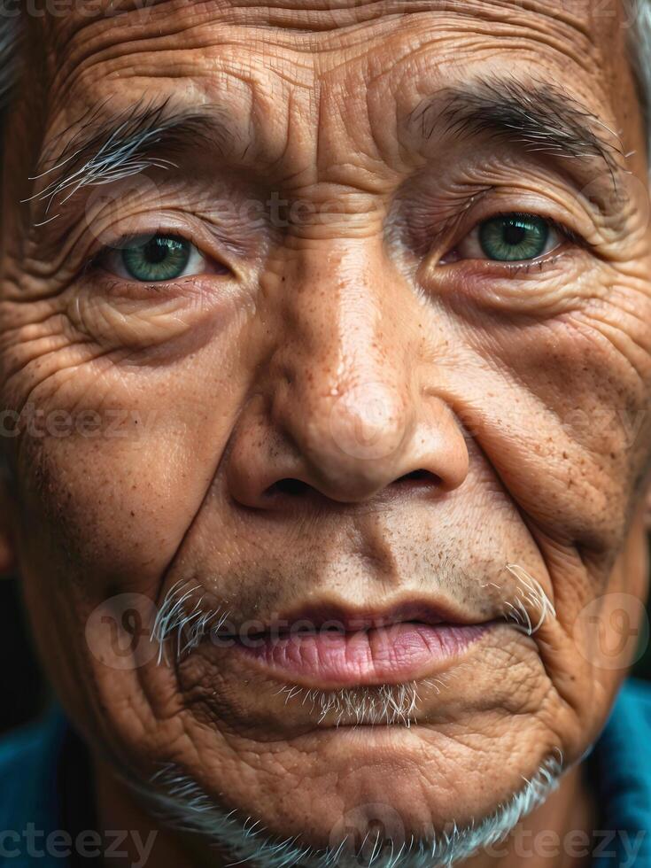 AI generated loseup portrait of elderly wise Vietnamese man, rural area people, diversity photo