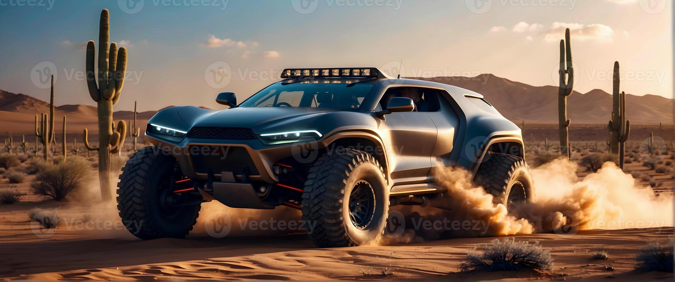 AI generated Modern off road vehicle driving trough desert and sand dunes, auto adventure concept, automotive background, action wallpaper photo