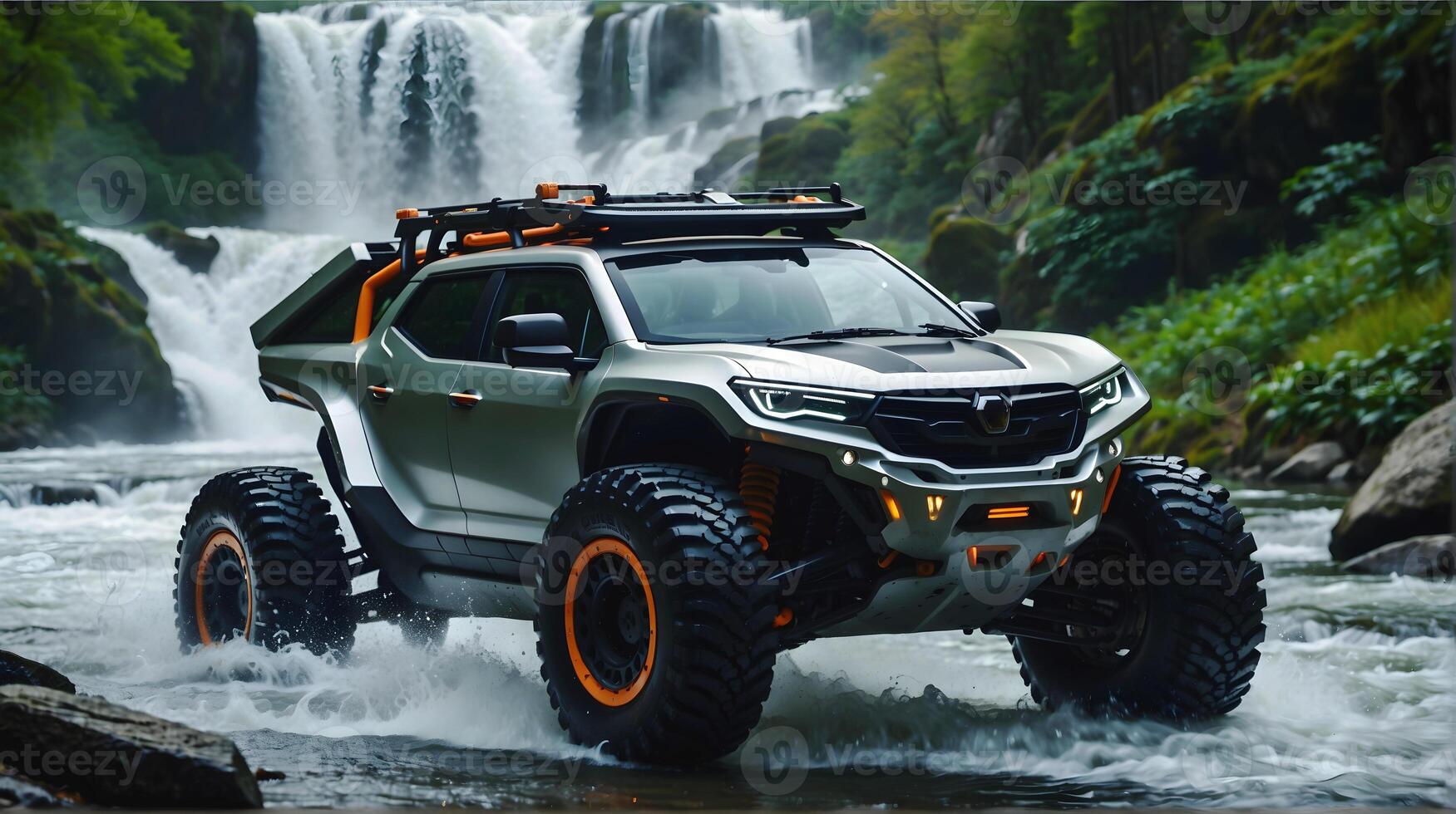 AI generated Modern off road vehicle driving trough river in the forest, auto adventure concept, automotive background, action wallpaper photo
