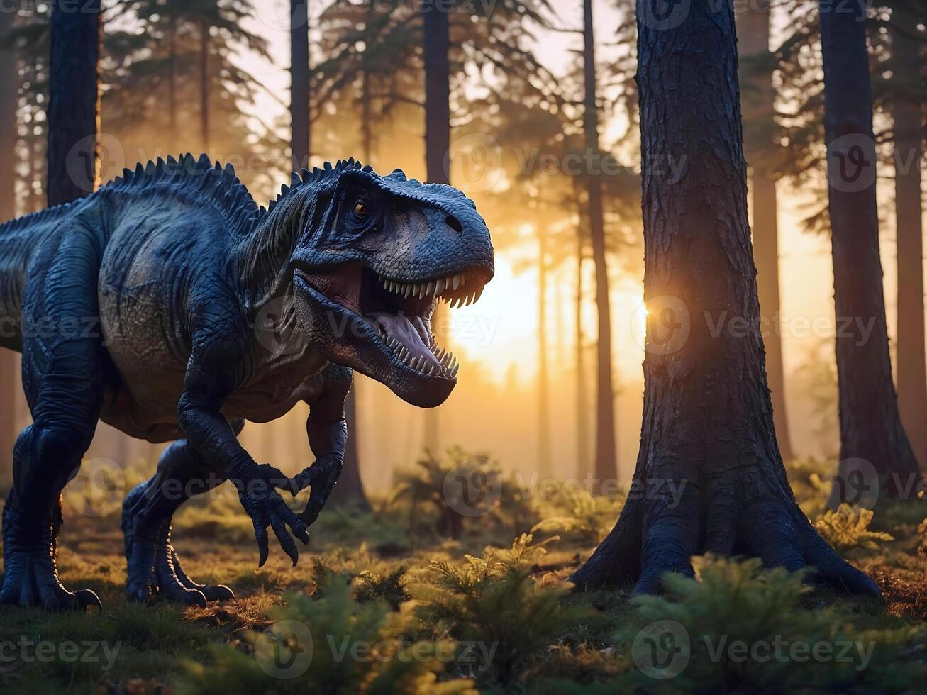 ai generado tiranosaurio rex ,dinosaurio en el selva bosque, t rex prehistórico fauna silvestre y animales fondo, fondo de pantalla foto