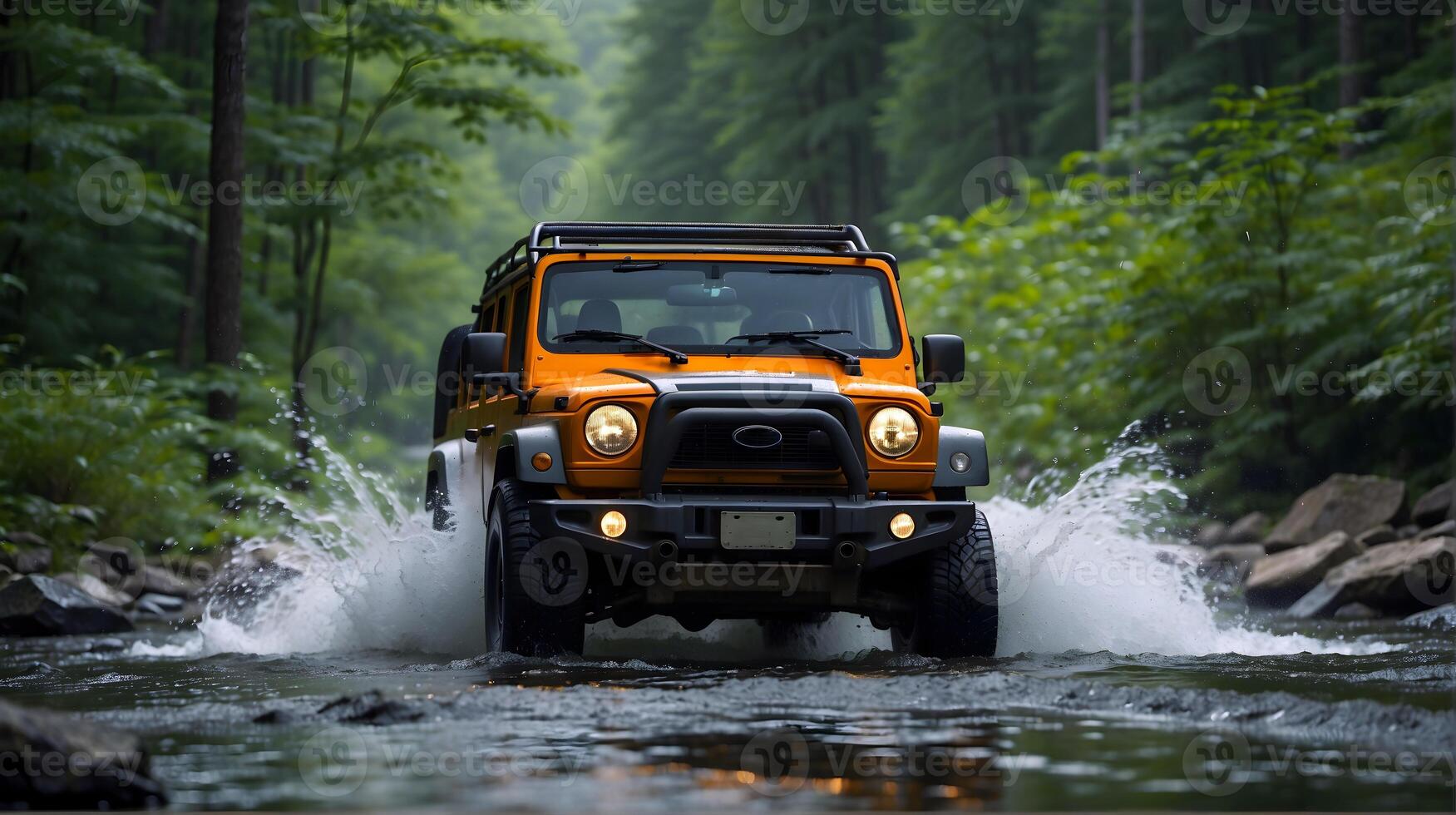 AI generated Modern off road vehicle driving trough river in the forest, auto adventure concept, automotive background, action wallpaper photo