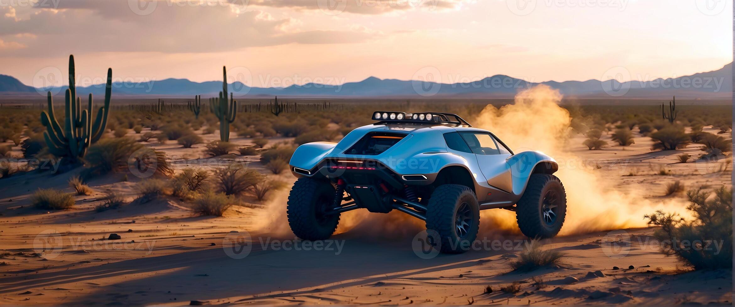 AI generated Modern off road vehicle driving trough desert and sand dunes, auto adventure concept, automotive background, action wallpaper photo