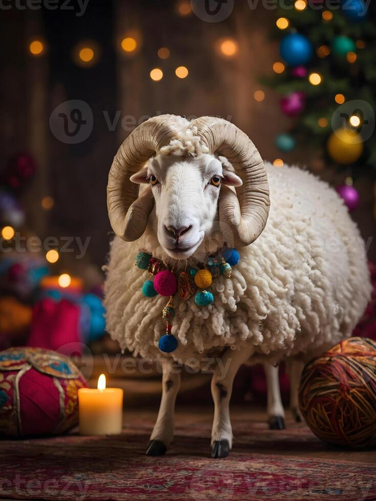 AI generated Funny Ramadan sheep portrait, animals background, wallpaper photo