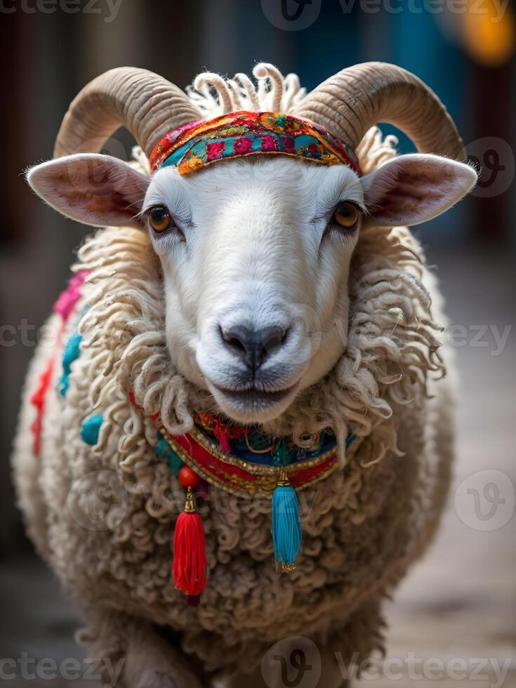 ai generado gracioso Ramadán oveja retrato, animales fondo, fondo de pantalla foto