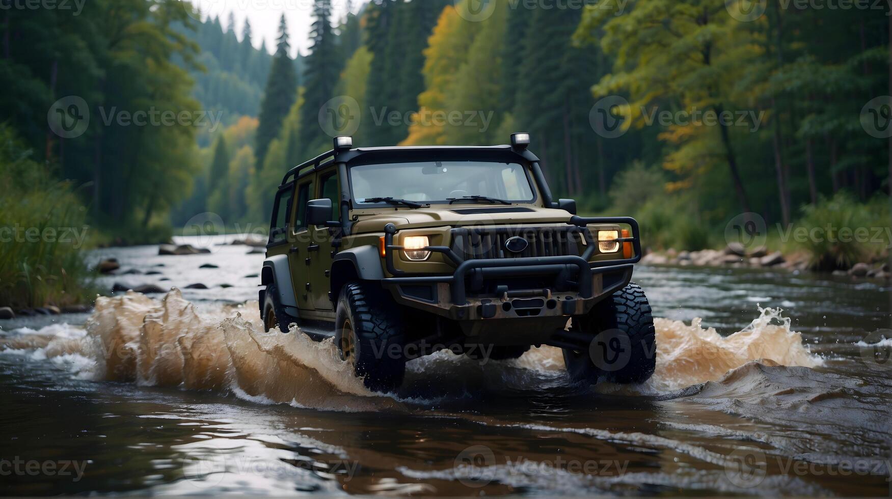 AI generated Modern off road vehicle driving trough river in the forest, auto adventure concept, automotive background, action wallpaper photo