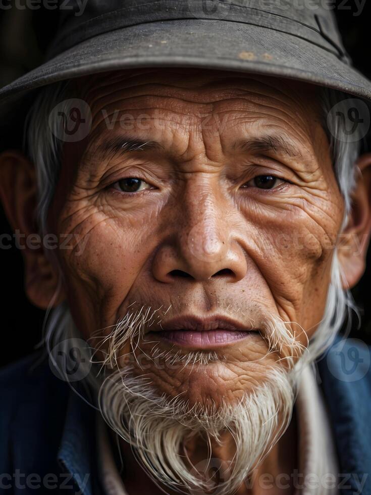 AI generated loseup portrait of elderly wise Vietnamese man, rural area people, diversity photo