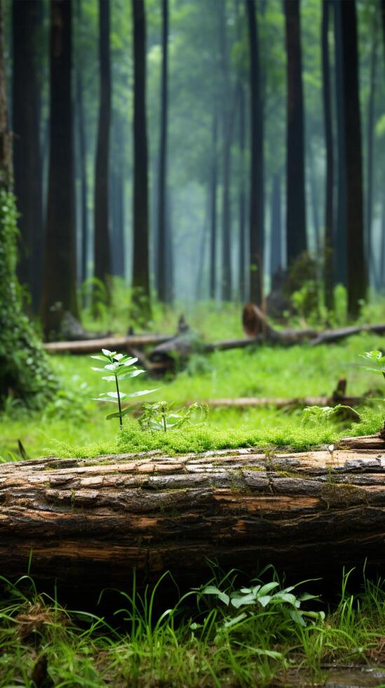 AI generated Piece of log amidst lush greenery in a serene forest Vertical Mobile Wallpaper photo