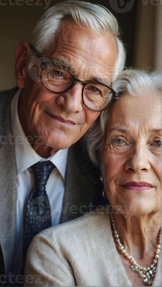 AI generated Portrait of happy elderly seniors retired couple, old people romance photo