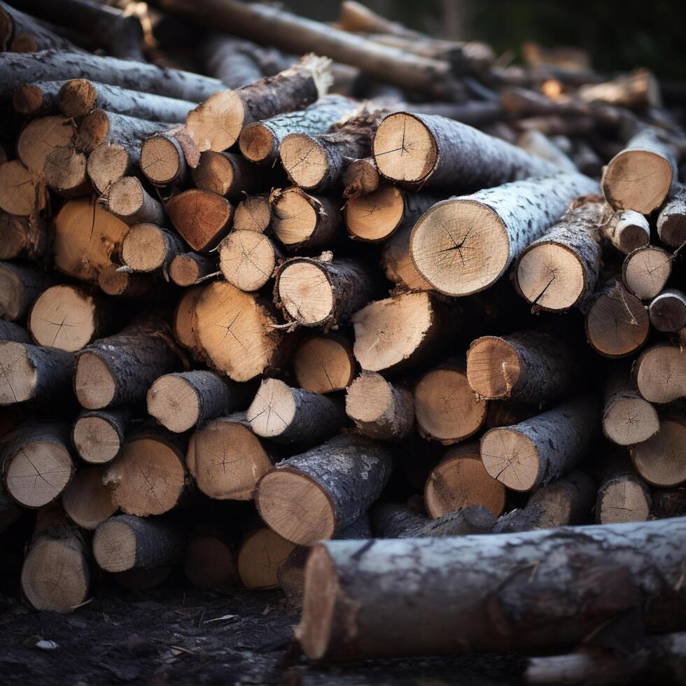 AI generated Firewood logs stacked for winter, creating a rustic, cozy background For Social Media Post Size photo
