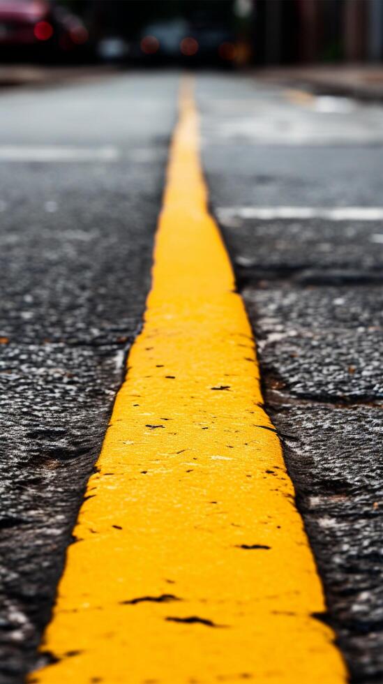 ai generado calle escena con amarillo línea en Fresco asfalto, texturizado antecedentes vertical móvil fondo de pantalla foto