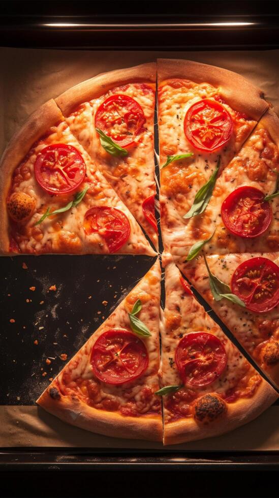 AI generated Hot and delicious Pizza captured in the process of baking Vertical Mobile Wallpaper photo