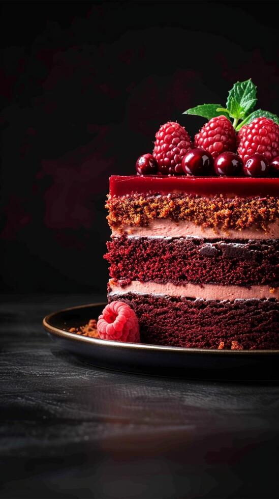AI generated Luscious dessert Red Velvet Cake on dark background, ample text space Vertical Mobile Wallpaper photo