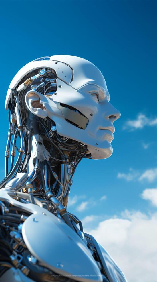 AI generated Robotic visage on blue sky background, symbolizing advanced technology Vertical Mobile Wallpaper photo