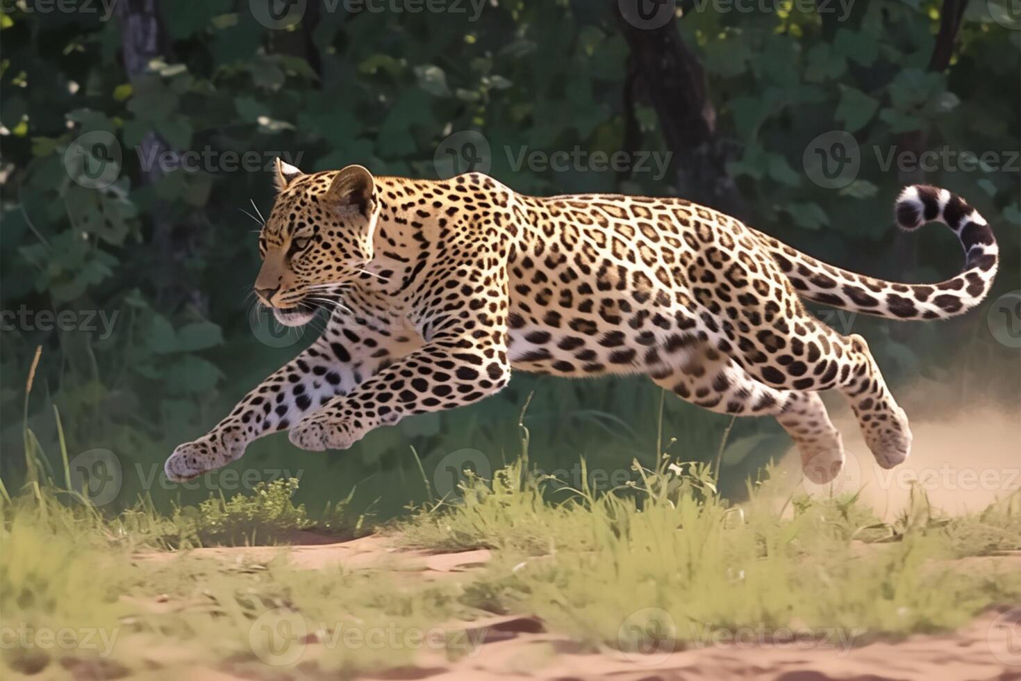 AI generated Feline motion Leopard captured in action, running through the forest photo