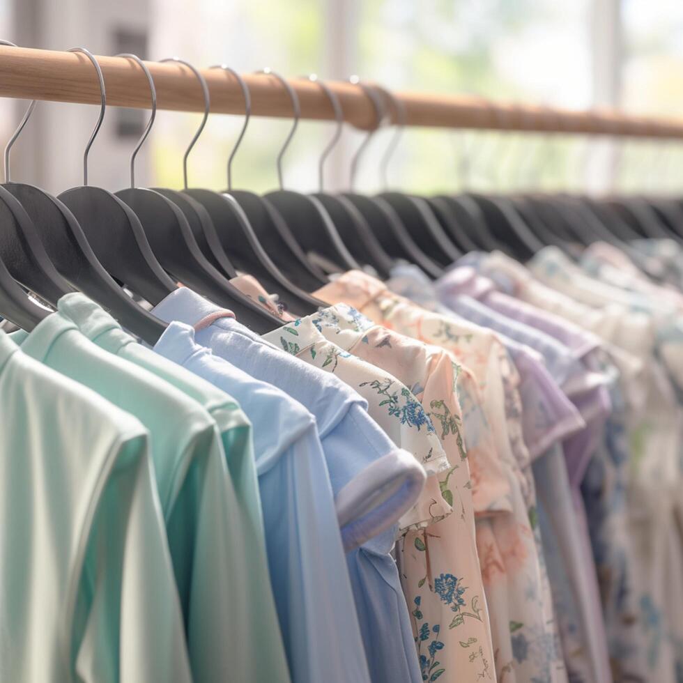 AI generated view Selective focus on clothes Hanged in a soft focused clothing store For Social Media Post Size photo