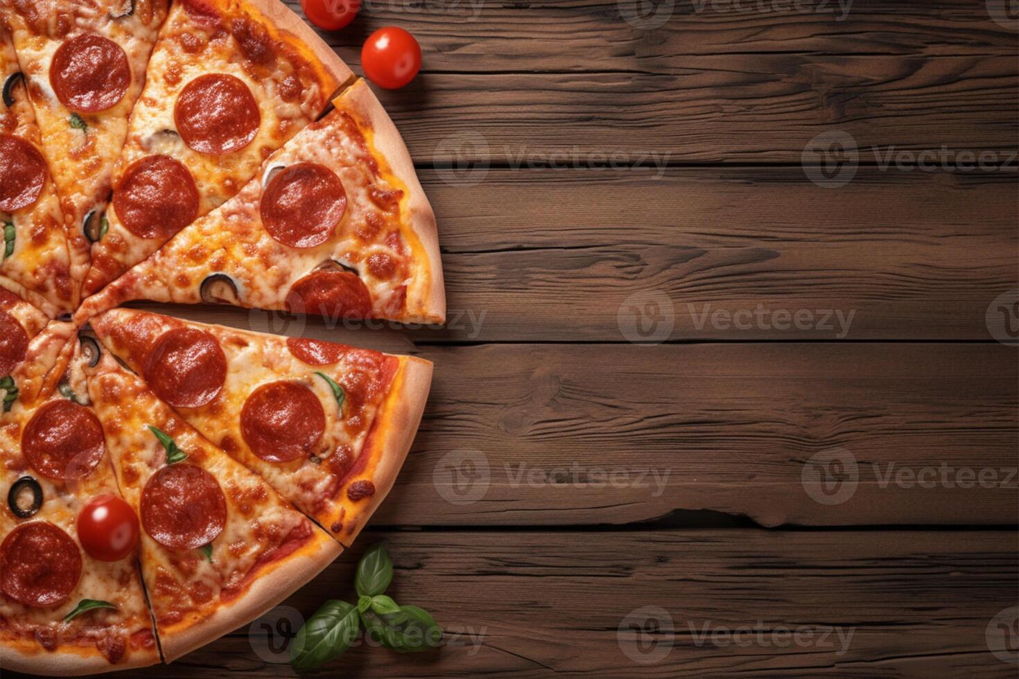 AI generated view Top view of pizza on wooden background with copy space photo