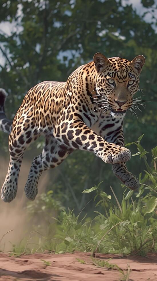 AI generated Feline motion Leopard captured in action, running through the forest Vertical Mobile Wallpaper photo
