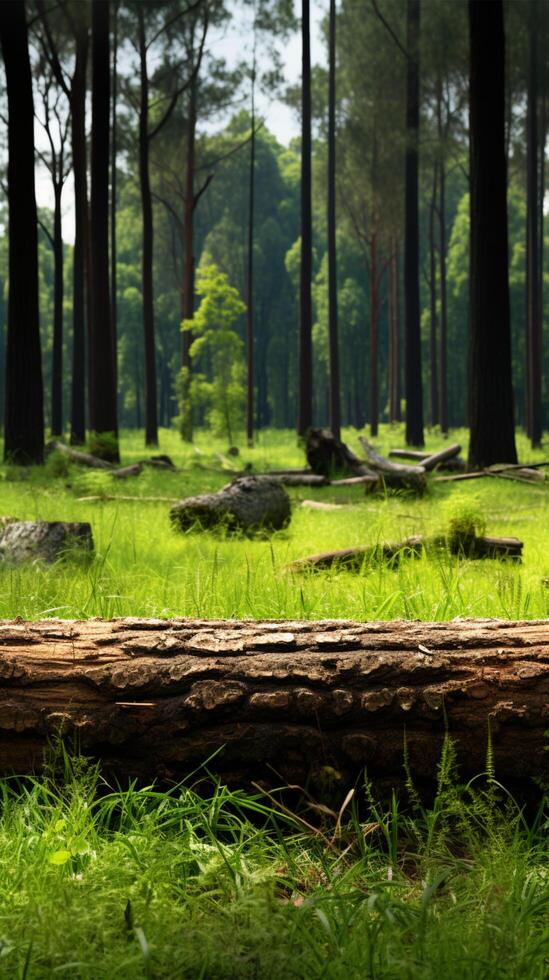 AI generated Forest scene Piece of log on green grass among pine trees Vertical Mobile Wallpaper photo