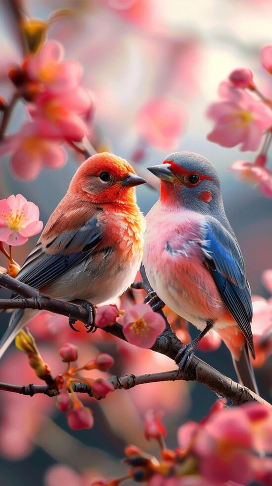 AI generated Natures palette Colorful birds on cherry tree branches Vertical Mobile Wallpaper photo