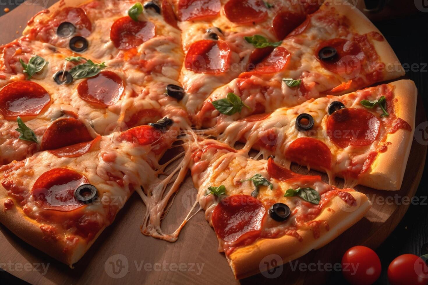 AI generated Savory slice Close up view of delicious pepperoni pizza on wood photo