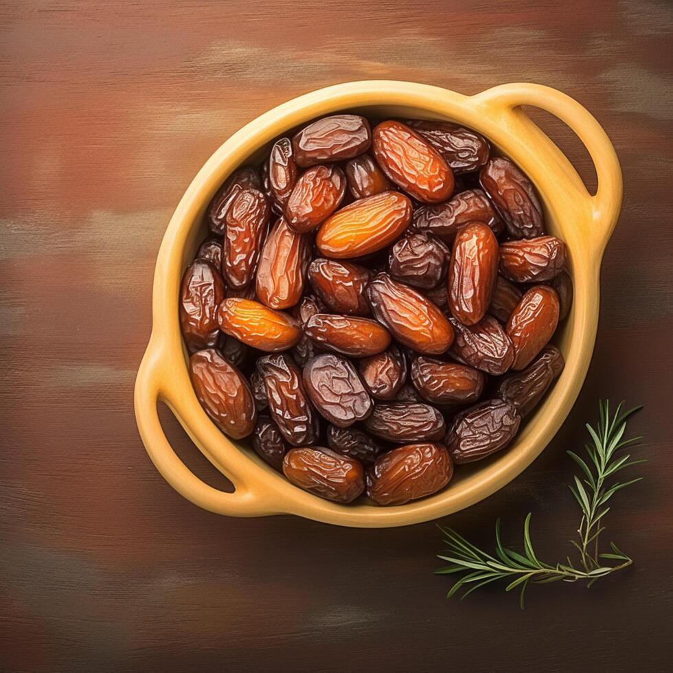 AI generated Healthy snack Top view of dates in bowl, wooden background For Social Media Post Size photo