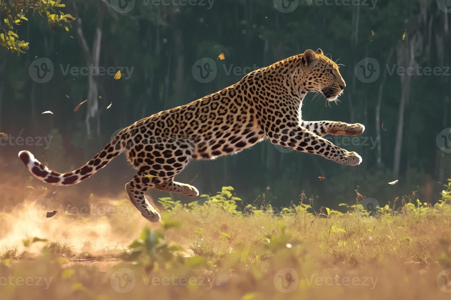 AI generated Feline motion Leopard captured in action, running through the forest photo